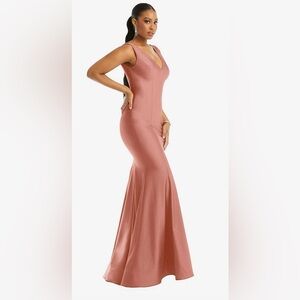 Cynthia & Sahar Shirred Shoulder Stretch Satin Mermaid Dress in Desert Rose